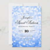 Invitation Elégant Bokeh Script Sweet 16 Party Navy bleu (Devant)