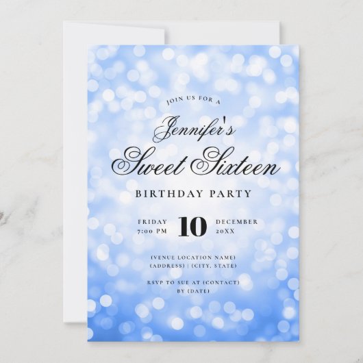 Invitation Elégant Bokeh Script Sweet 16 Party Navy bleu (Devant)