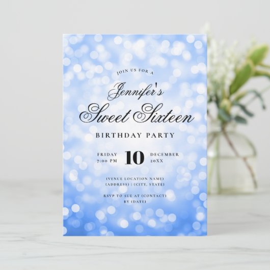 Invitation Elégant Bokeh Script Sweet 16 Party Navy bleu (Debout devant)