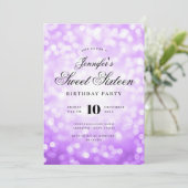 Invitation Élégant Bokeh Script Sweet 16 Party Purple (Debout devant)