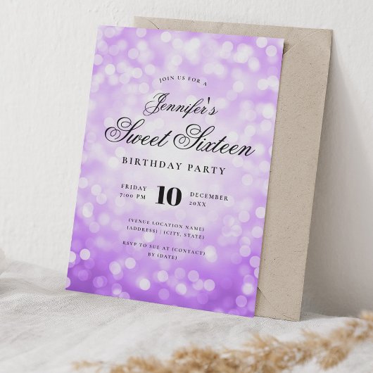 Invitation Élégant Bokeh Script Sweet 16 Party Purple