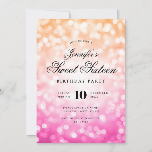 Invitation Élégant Bokeh Script Sweet 16 Party rose orange (Devant)