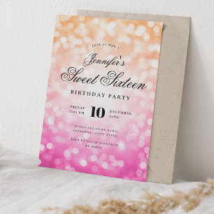 Invitation Élégant Bokeh Script Sweet 16 Party rose orange
