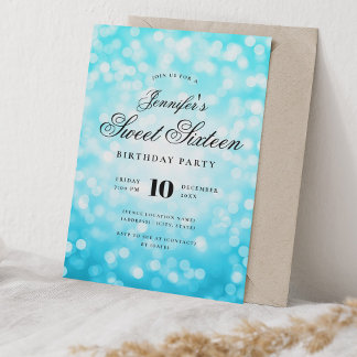 Invitation Elégant Bokeh Script Sweet 16 Party Turquoise