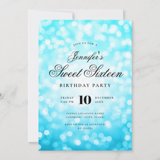 Invitation Elégant Bokeh Script Sweet 16 Party Turquoise (Devant)