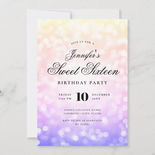 Invitation Élégant Bokeh Script Sweet 16 Rainbow Ombre (Devant)