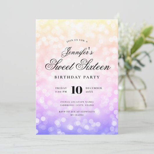 Invitation Élégant Bokeh Script Sweet 16 Rainbow Ombre (Debout devant)
