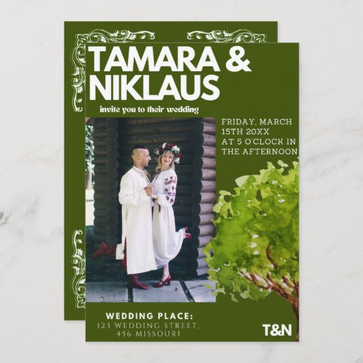 Invitation Élégant Bold Forest Green Slavic Photo Mariage (Devant / Derrière)