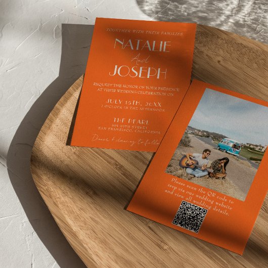 Invitation Elegant Bold Orange Stylish Photo QR Code Wedding