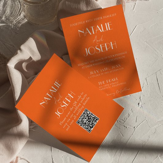 Invitation Elegant Bold Orange Stylish QR Code Wedding