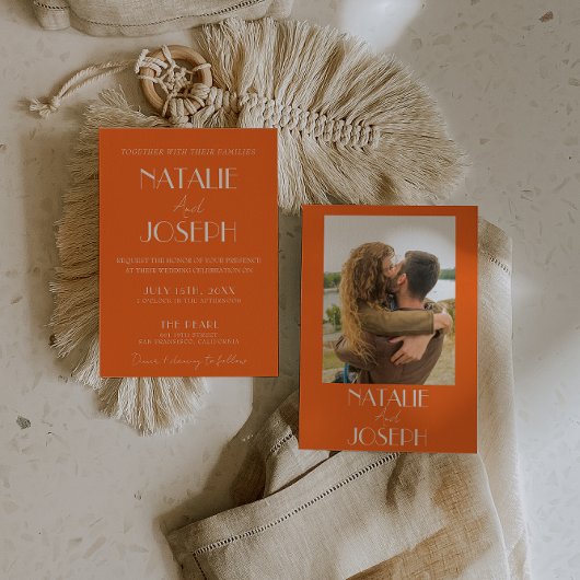 Invitation Elegant Bold Orange Stylish Retro Photo Wedding