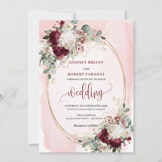 Invitation Elégant bordeaux blush or rose mariage invite (Devant)