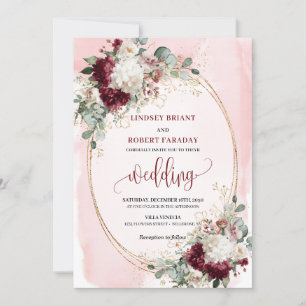 Invitation Elégant bordeaux blush or rose mariage invite