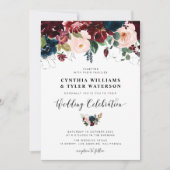 Invitation Elégant bordeaux & mariage floral bleu marine (Devant)