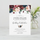 Invitation Elégant bordeaux & mariage floral bleu marine (Debout devant)