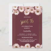 Invitation Élégant bordeaux rose or marguerite fleurs Sweet 1 (Devant)
