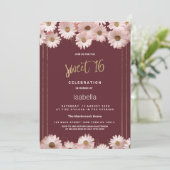 Invitation Élégant bordeaux rose or marguerite fleurs Sweet 1 (Debout devant)