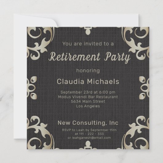 Invitation Elégant Bordure Or Sur Black Retraite Party (Devant)