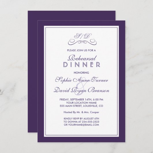 Invitation Élégant Bordure violet et blanche RÉPÉTITION DINER (Devant / Derrière)