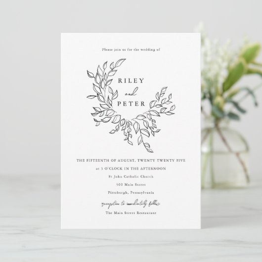 Invitation Élégant Botanical Crest Chic Script Photo Mariage (Debout devant)