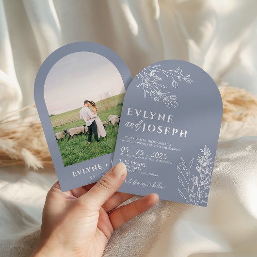 Invitation Elegant Botanical Dusty Blue Boho Arched Wedding