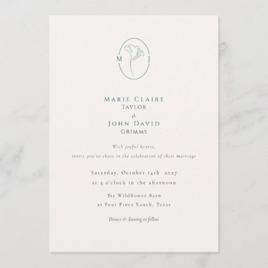 Invitation Elegant Botanical Emerald Monogram Wedding (Devant)