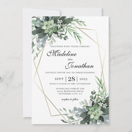 Invitation Elegant Botanical Greenery Gold Geometric Wedding (Devant)