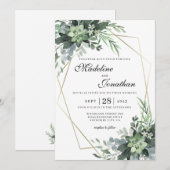 Invitation Elegant Botanical Greenery Gold Geometric Wedding (Devant / Derrière)