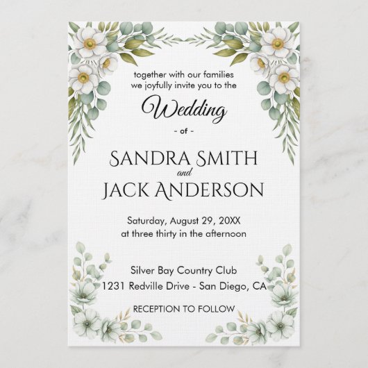 Invitation Elegant Botanical Greenery & White Floral Wedding (Devant)
