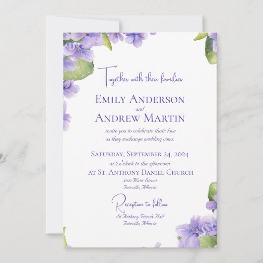 Invitation Elégant Botanique Aquarelle Violets Mariage (Devant)