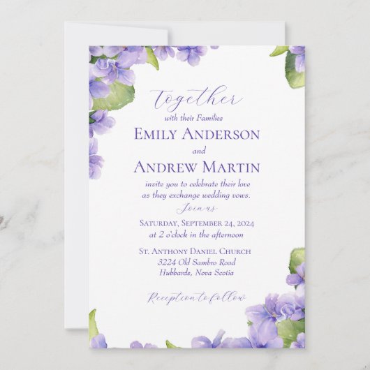 Invitation Elégant Botanique Aquarelle Violets Mariage (Devant)