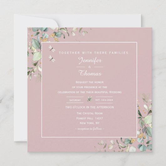 Invitation Elégant Botanique Eucalyptus Vert Rose Bleu (Devant)