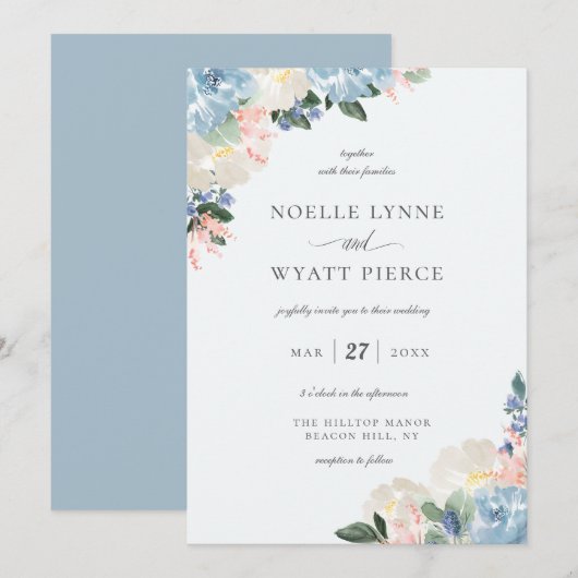 Invitation Élégant Botanique Floral Mariage bleu clair (Devant / Derrière)