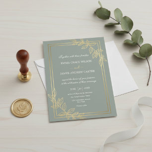 Invitation Élégant Botanique Moderne Vert Sauge et Or Feuille