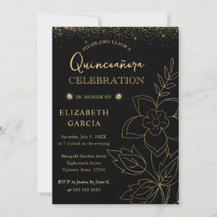 Invitation Élégant Botanique Noir et Or pour Quinceanera