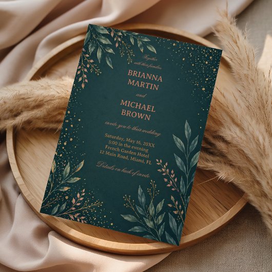 Invitation Élégant Botanique Or Sarcelle
