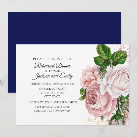 Invitation Élégant Botanique Rose Floral Navy Répétition blan (Devant / Derrière)