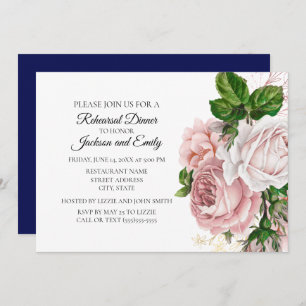 Invitation Élégant Botanique Rose Floral Navy Répétition blan