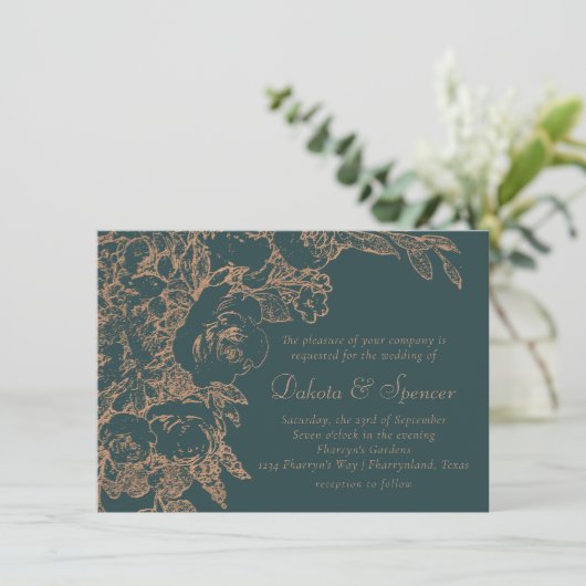 Invitation Élégant botanique | Vert foncé et Mariage en cuivr (Debout devant)