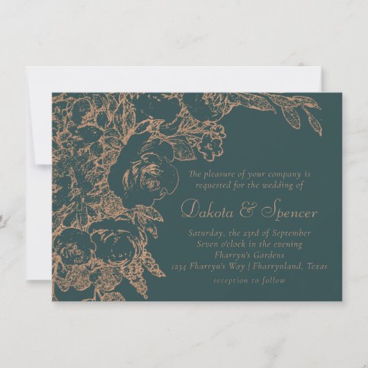 Invitation Élégant botanique | Vert foncé et Mariage en cuivr (Devant)