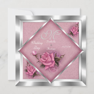 Invitation Élégant bouquet de mariage rose rose argent