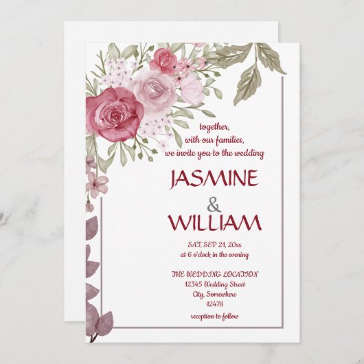 Invitation Elégant bouquet fleuri rose, violet, beige (Devant / Derrière)