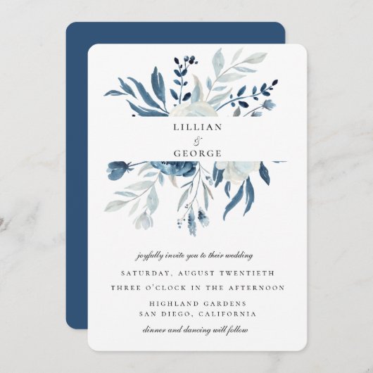 Invitation Élégant bouquet floral bleu mariage (Devant / Derrière)