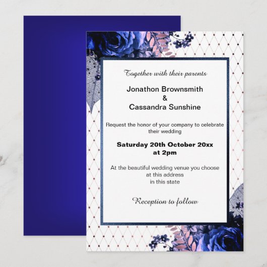 INVITATION ÉLÉGANT BOUQUET FLORAL BLEU PURD MARIAGE (Devant / Derrière)