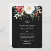 Invitation Elégant Bouquet Floral Noir Mariage de vacances (Devant)