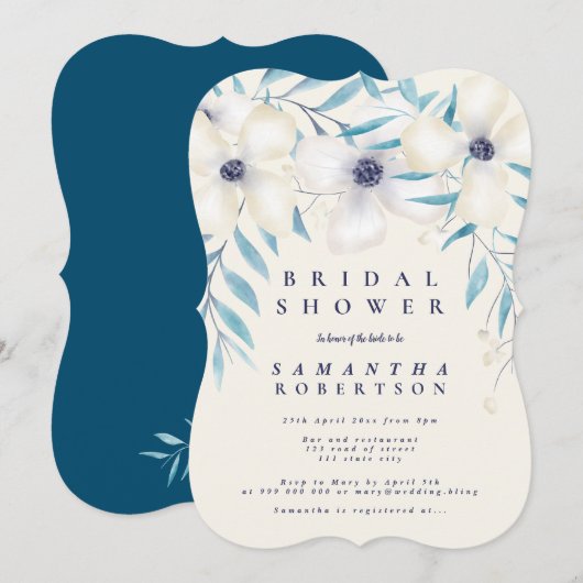 Invitation Elégant bouquet floral océan bleu douche nuptiale (Devant / Derrière)