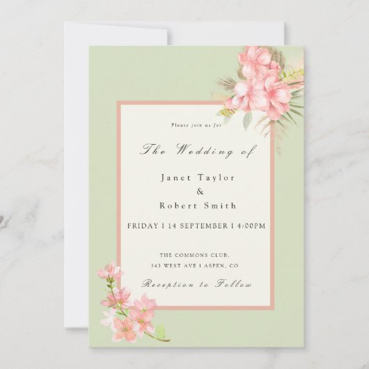 Invitation Elégant Bouquet Sage Vert et rose Mariage frontièr (Devant)