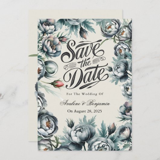 Invitation Élégant Bouquet vert et gris Enregistrer la date (Devant / Derrière)