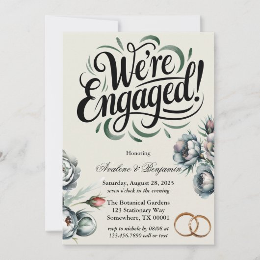 Invitation Elégant Bouquet vert et gris Nous sommes engagés (Devant)