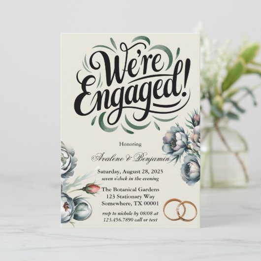 Invitation Elégant Bouquet vert et gris Nous sommes engagés (Debout devant)